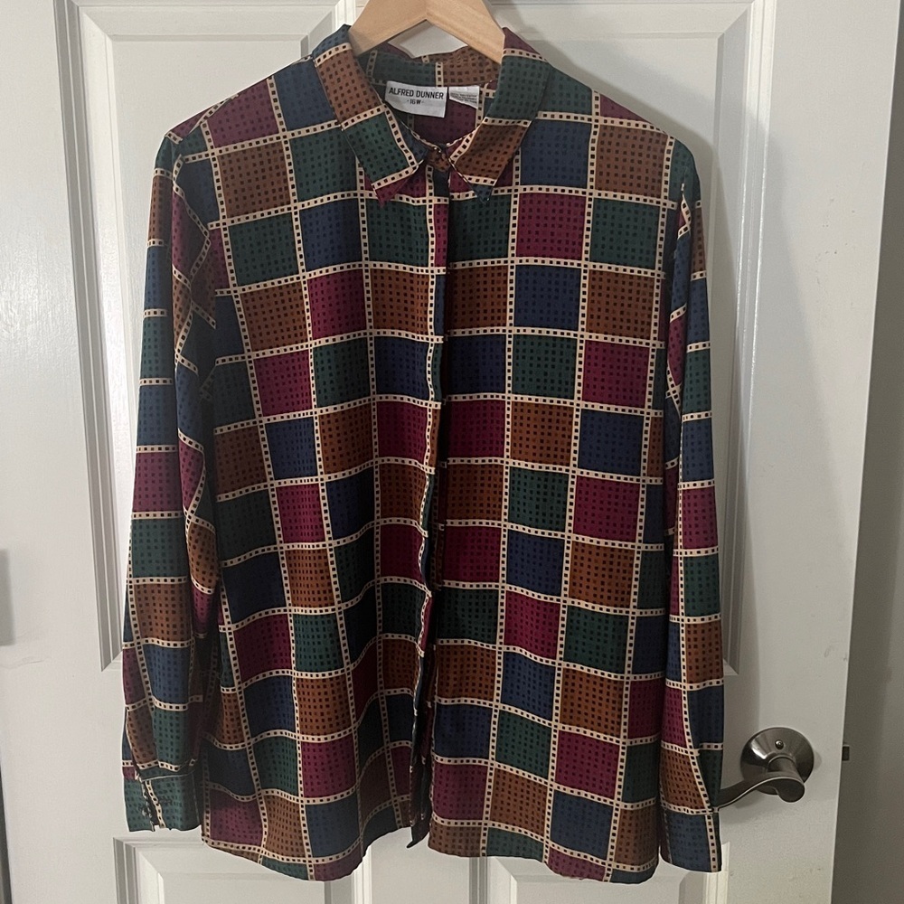Alfred Dunner Colorful Grid Pattern Silky Button Down Blouse Sz 16W jewel tone